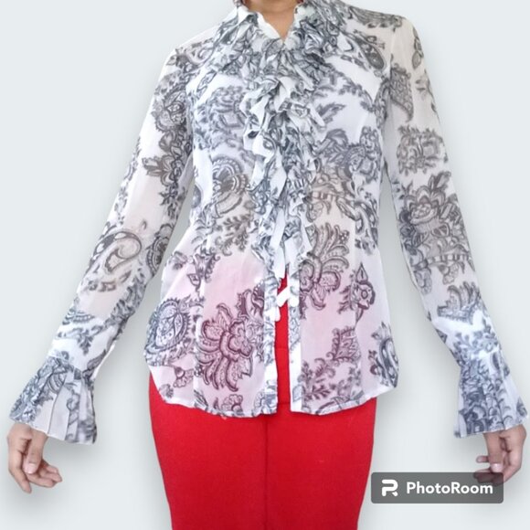 Ruffled Floral Black White Grey Floral Blouse Translucent Tie Up Flare Small - Picture 2 of 9